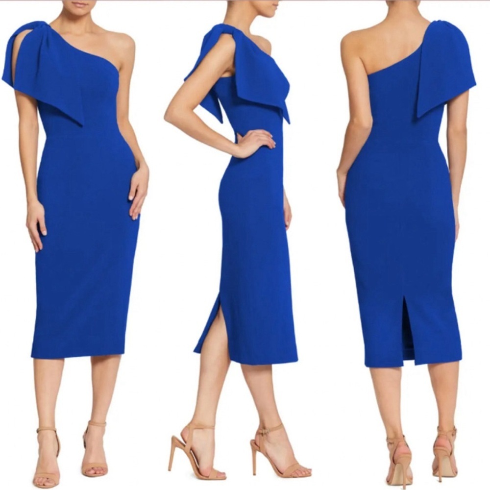 DRESS THE POPULATION Tiffany Midi Dress Large Electric Blue One Shoulder NWT
